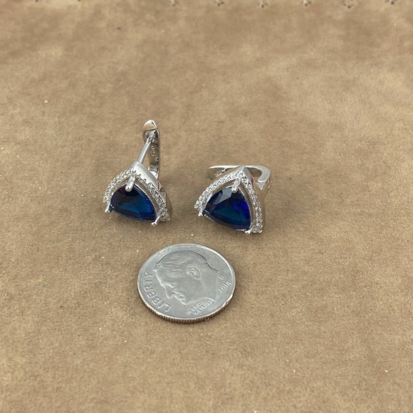 Exciting Blue Sapphire Trillion Cut Hinged Hoop with Post Earrings - Picture 5 of 5